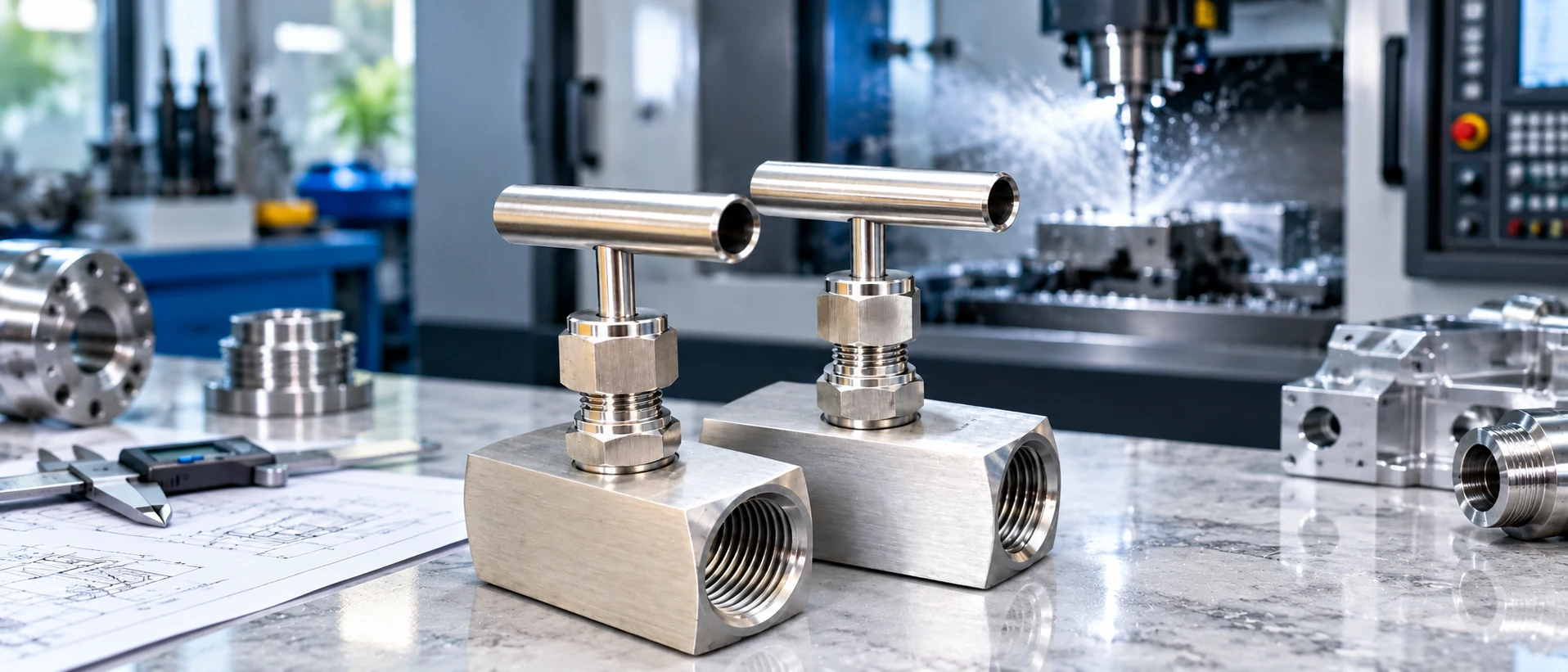 Stainless steel needle valves on a workbench in a CNC machine shop