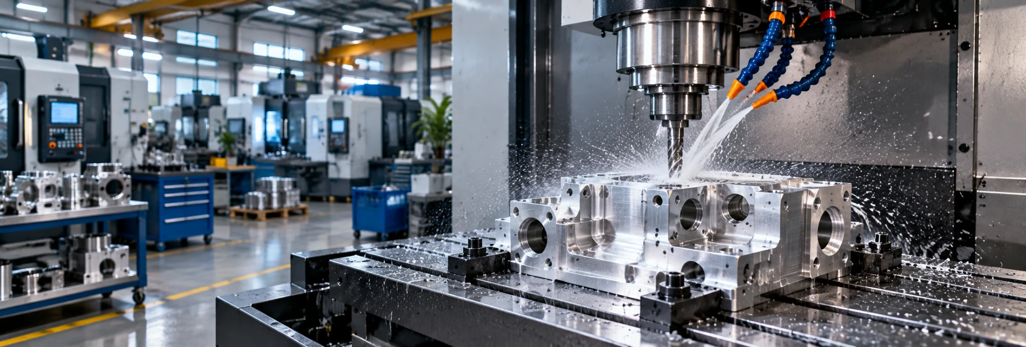 CNC milling machine cutting an aluminium part with coolant spray