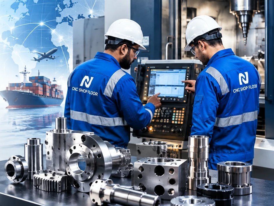 CNC Shop Floor engineers at a CNC machine with precision machined parts